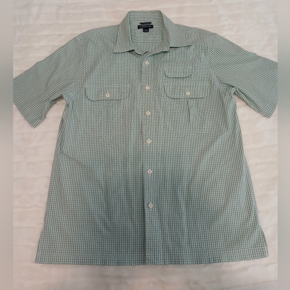 Lands’ End Men’s Short Sleeve Button-Down Shirt Green Check Plaid | Size M - Picture 3 of 10